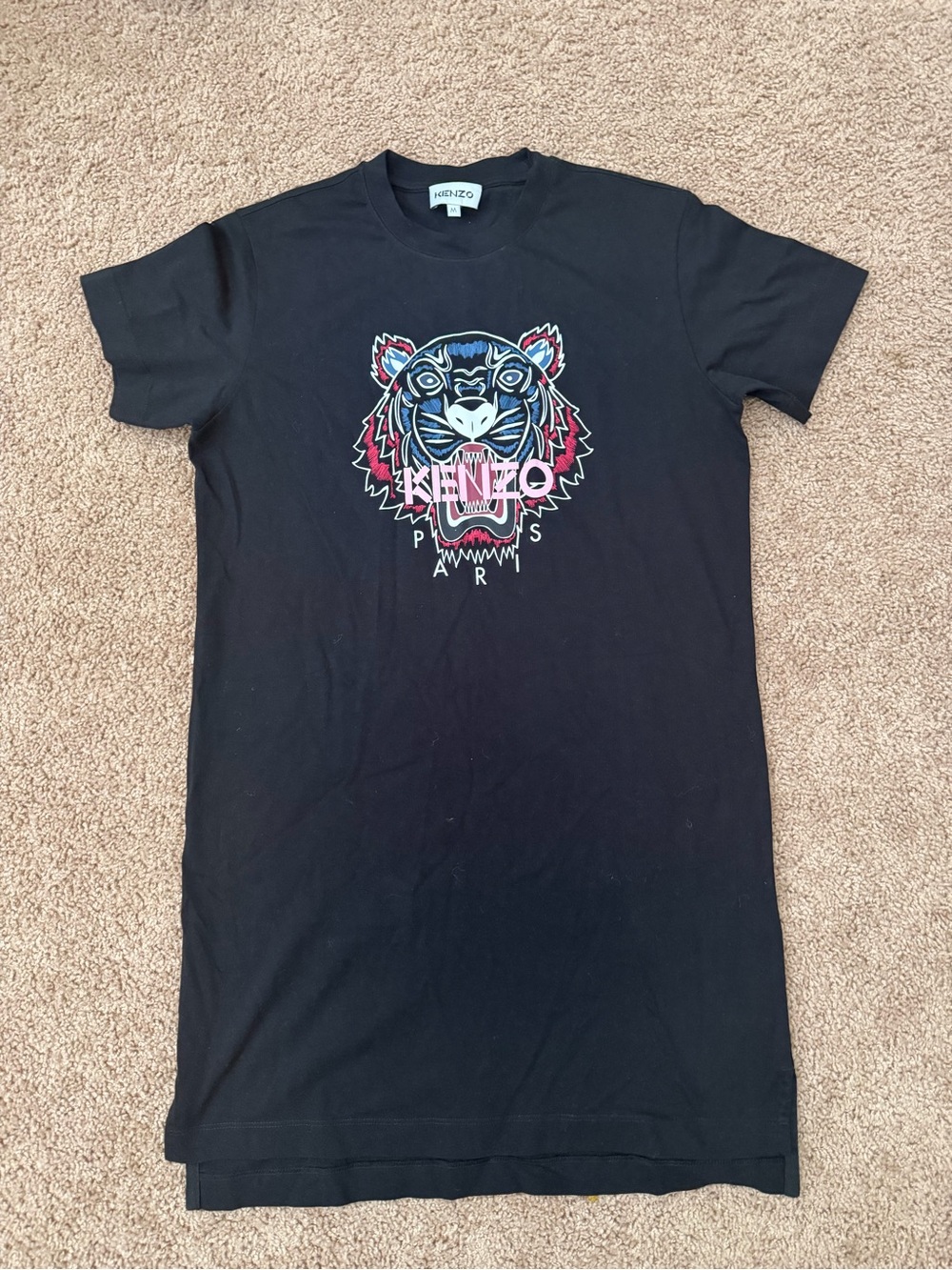 Kenzo Black Tee Dress with Pink & Blue Tiger Embroidery